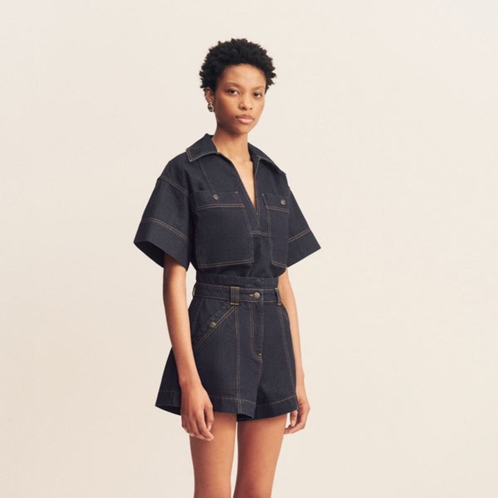 Shona Joy Rita High Waisted Flare Short and Rita Pullover Top Denim Indigo - Picture 2 of 15
